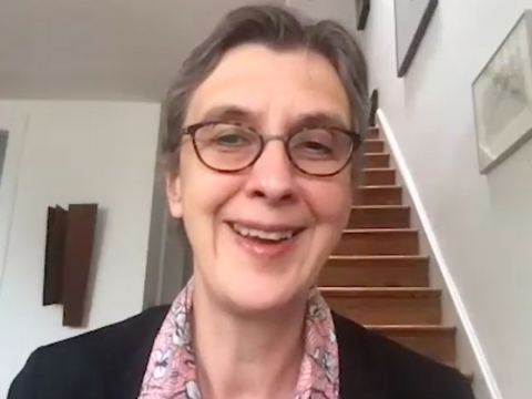 Professor Katharina Pistor speaks to a webcam as part of the Faculty Speaker Series.