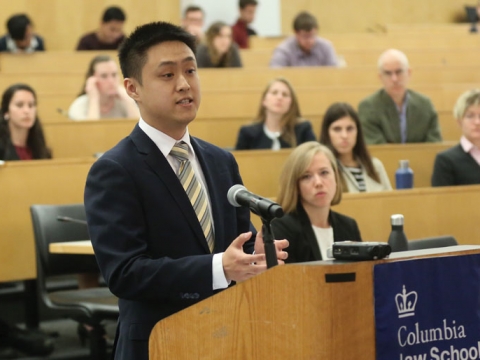 A student competes at the annual Harlan Fiske Stone Moot Court Competition