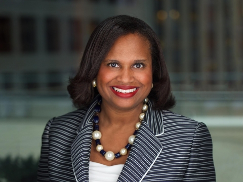 New York City Bar president Sheila Boston in a striped blazer and chunky necklace