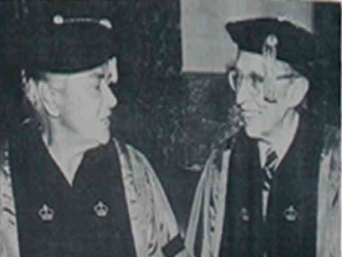 Soia Mentschikoff ’37 wears academic regalia in a black and white picture