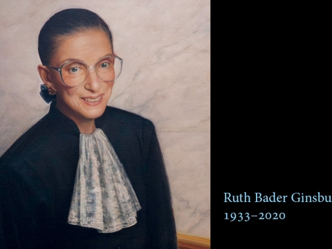 A portrait of Ruth Bader Ginsburg that reads "Ruth Bader Ginsburg '59 1933-2020"