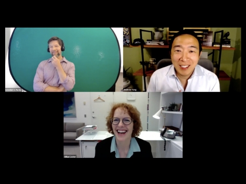 Professor Jed Purdy and Dean Gillian Lester speak with former presidential candidate Andrew Yang ’99 in the Dean's Distinguished Speaker Series in a Zoom screen
