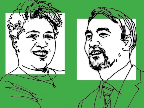 Line art drawing of professors Lynnise Pantin and Tim Wu on a green background