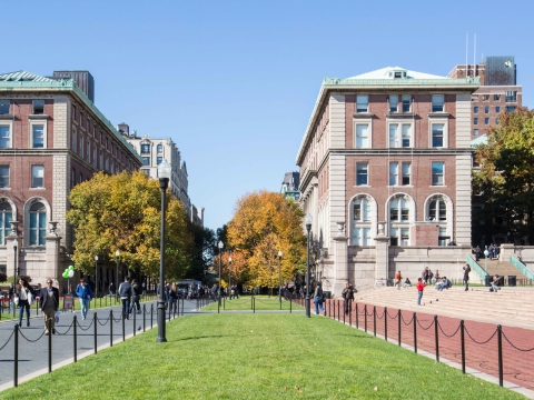 Looking west down Campus Walk in the fall