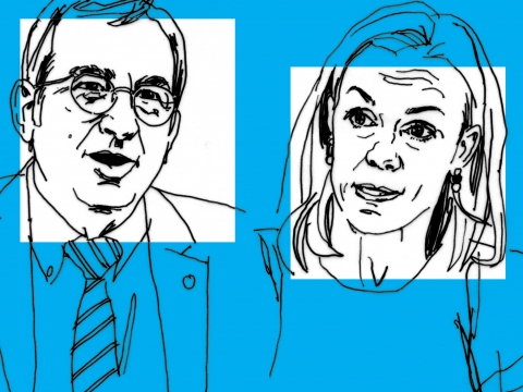 Line art drawing of professors Petros Mavroidis and Anu Bradford on a blue background