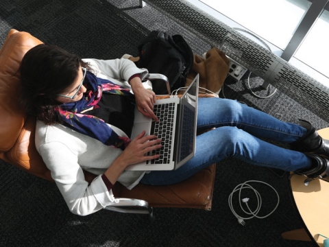 Student at computer from above