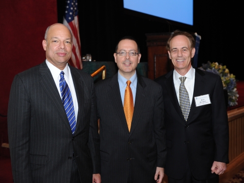 2012 Medal for Excellence winners Jeh Charles Johnson ’82 and Richard Paul Richman ’72 J.D., ’73 M.B.A with Dean David Schizer