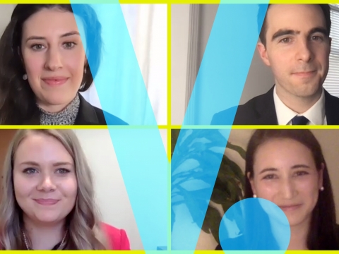 2021 Harlan Fiske Stone Moot Court Competitors on Zoom with a blue V superimposed