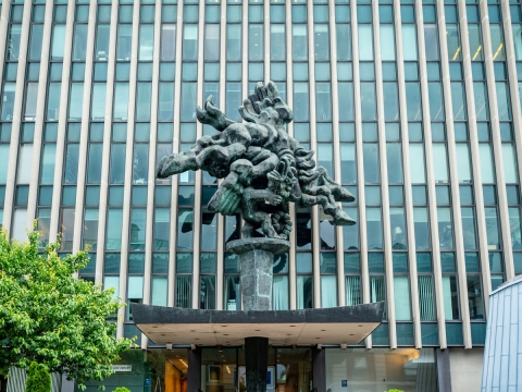 Exterior of Jerome L. Greene Hall featuring the sculpture Bellerophon Taming Pegasus