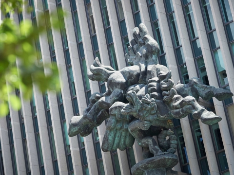 Bellerophon Taming Pegasus sculpture in front of Jerome Greene Hall