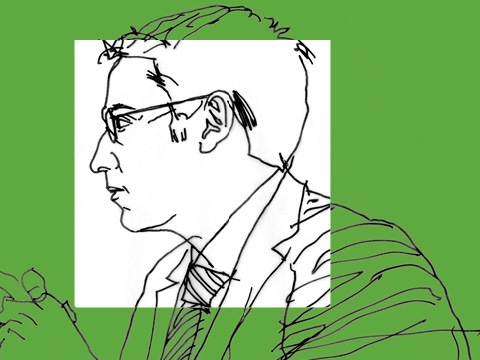 Line drawing of Professor Joshua Mitts on green background