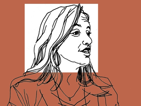 Line drawing of Professor Talia Gillis on red background