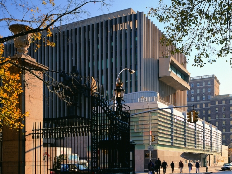 Jerome Greene Hall through open gates seen from Amsterdam Avenue