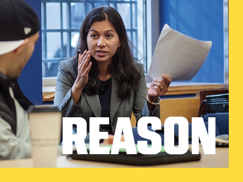 The word REASON superimposed over a picture of Professor Elora Mukherjee holding a sheet of paper