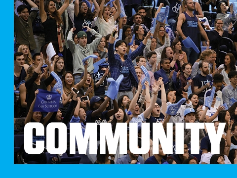 The word COMMUNITY superimposed over a crowd of students attending a Columbia sporting event