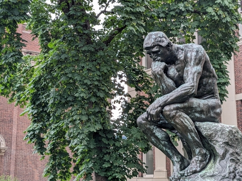 The statue Thinker in front of a green tree in summer