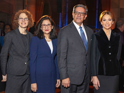 Rolando Acosta and Alia Tutor pose with the Dean and University President