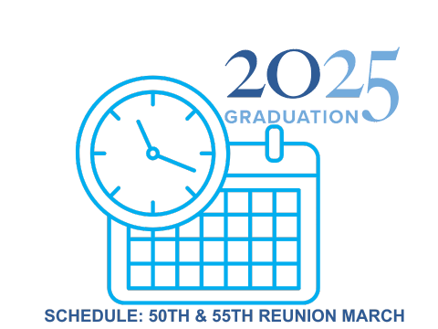 2025 Graduation, calendar with clock, 50th & 55th Reunion March