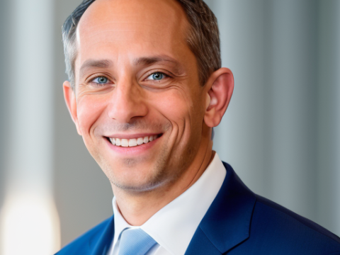 Headshot of smiling man in blue suit, white shirt, blue tie.