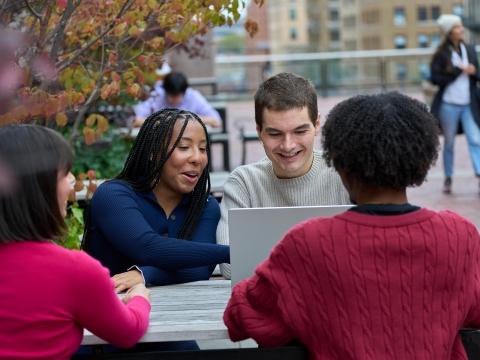 Students work on a laptop on a picnic bench under autumn leaves.