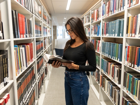 Student in the Li Lu Law Library reading a book.