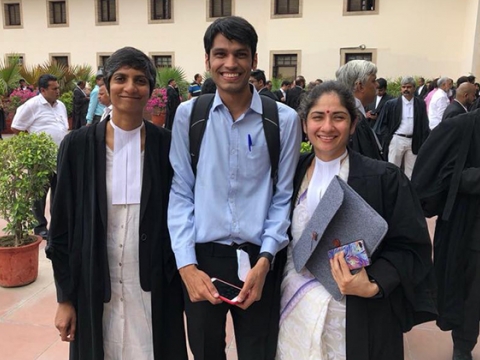 Menaka Guruswamy, Kumar Vardhman (petitioner), and Arundhati Katju ’17 LL.M. before oral arguments in July.