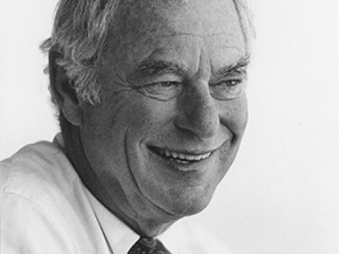 The late Gerry Lenfest smiles in a black and white portrait.