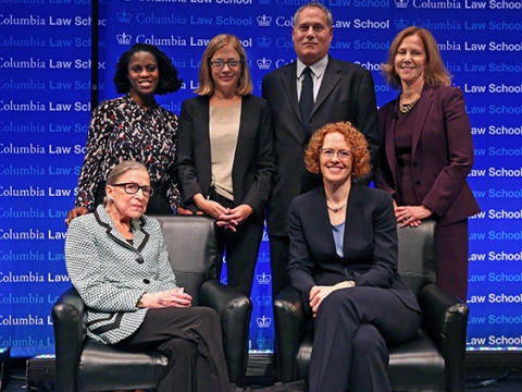 (First row) Justice Ginsburg and Dean Gillian Lester; (second row) Professor Olatunde Johnson, Professor Gillian Metzger, Lee Gelernt ’88, and Nancy Northup ’88 