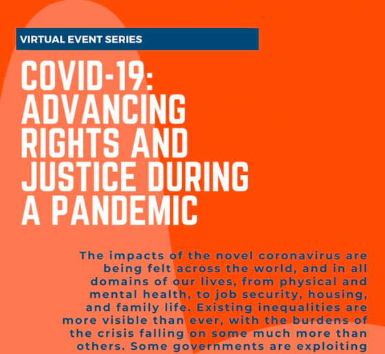 Orange poster of COVID-19: Advancing Rights and Justice During a Pandemic