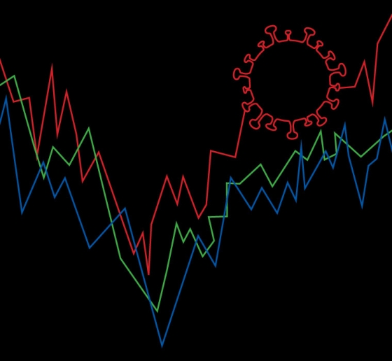 A graph showing a descending and then ascending line features the silhouette of a coronavirus.