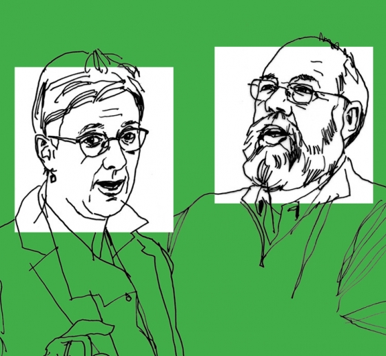 Line art drawing of professors Katharina Pistor and Michael Graetz on a green background