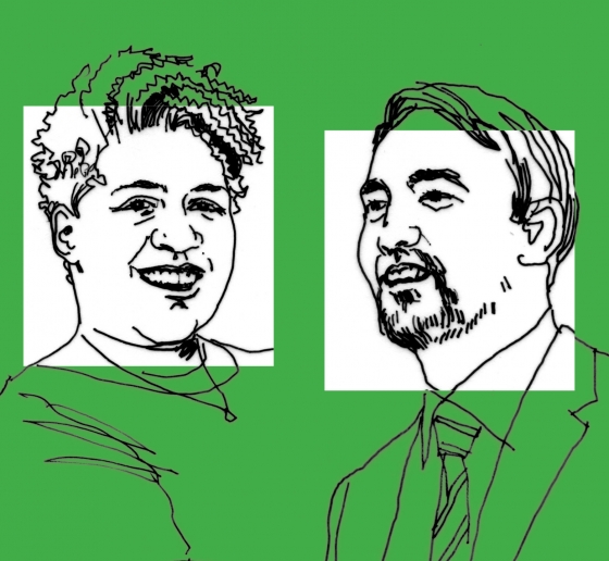 Line art drawing of professors Lynnise Pantin and Tim Wu on a green background