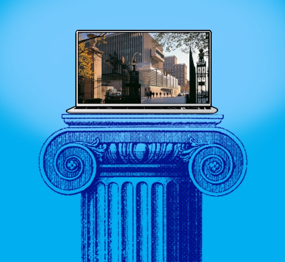 Laptop with screen showing Columbia Law School sitting on top of an architectural blue illustration of a column