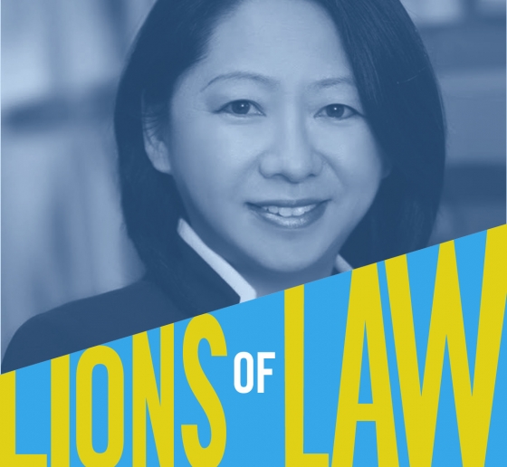 Blue tinted photo of Lorna Chen with Lions of Law logo