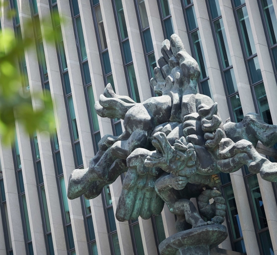 Bellerophon Taming Pegasus sculpture in front of Jerome Greene Hall