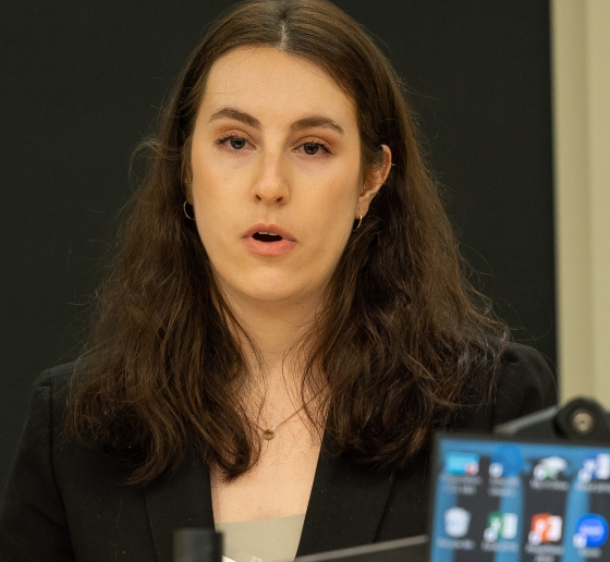 Julia Konstantinovsky speaking at HFS Moot Court semi-finals