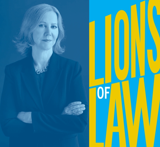 Portrait of a gray haired woman with crossed arms and "Lions of Law" graphic text