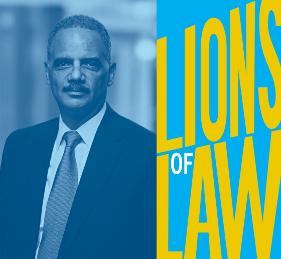 Man in tie next to Lions of Law logo