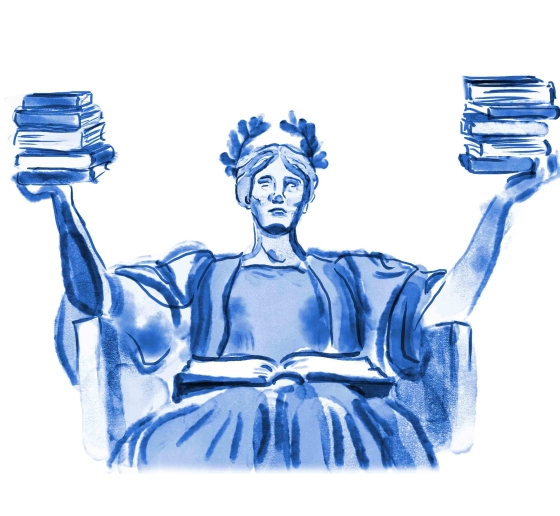 Blue watercolor of Alma Mater statue with books in her upraised hands