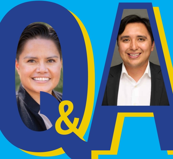 Graphic letters Q&A with photo of woman and man superimposed