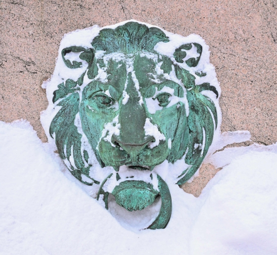 A campus architectural detail of a lion covered in snow