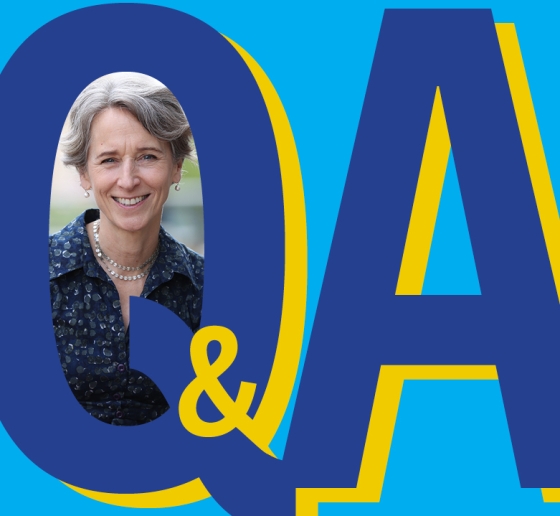 Graphic letters Q and A with photo of blonde woman inside the Q.