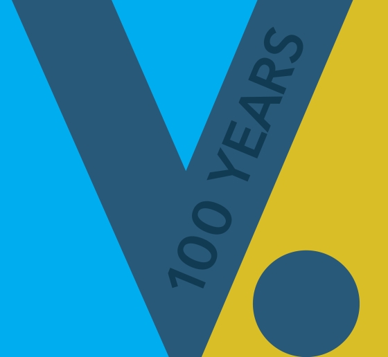 100th anniversary of Stone Moot Court logo featuring the letter V. for the word versus with 100 years written on it