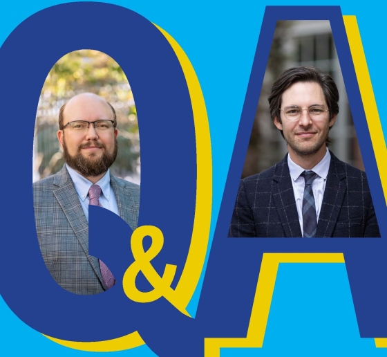 Graphic of letters Q & A with photos of two men in ties superimposed