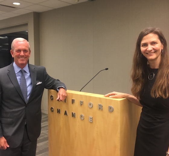 Nick Williams ’88, partner and chair of the hiring committee at Clifford Chance, and Columbia Law School Professor Elizabeth Emens.