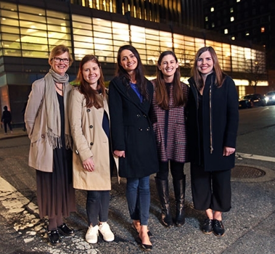 Professor Brett Dignam (left), along with a team of clinic participants who recently helped an incarcerated woman win parole. From left to right: Lillian Morgenstern ’17, Amanda Johnson ’17, Monique Hurley ’17 LL.M., and Hannah Canham ’16 LL.M.