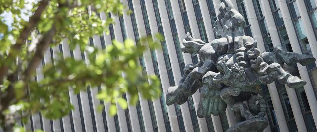 The Bellerophon Taming Pegasus statue outside Jerome Greene Hall