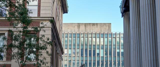 Jerome Greene Hall as seen from Kent Hall on the lower campus.