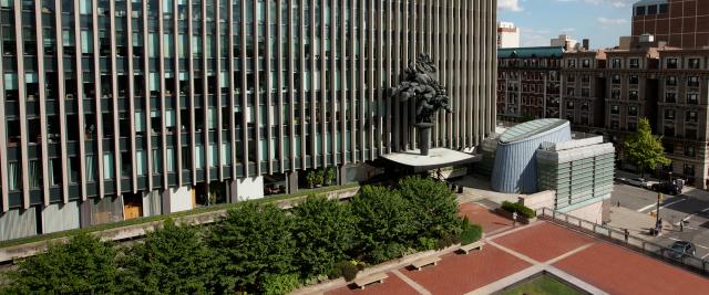 Aerial view of Jerome Greene Hall and Revson Plaza