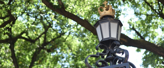 A wrought iron lamp with the Columbia crown on it